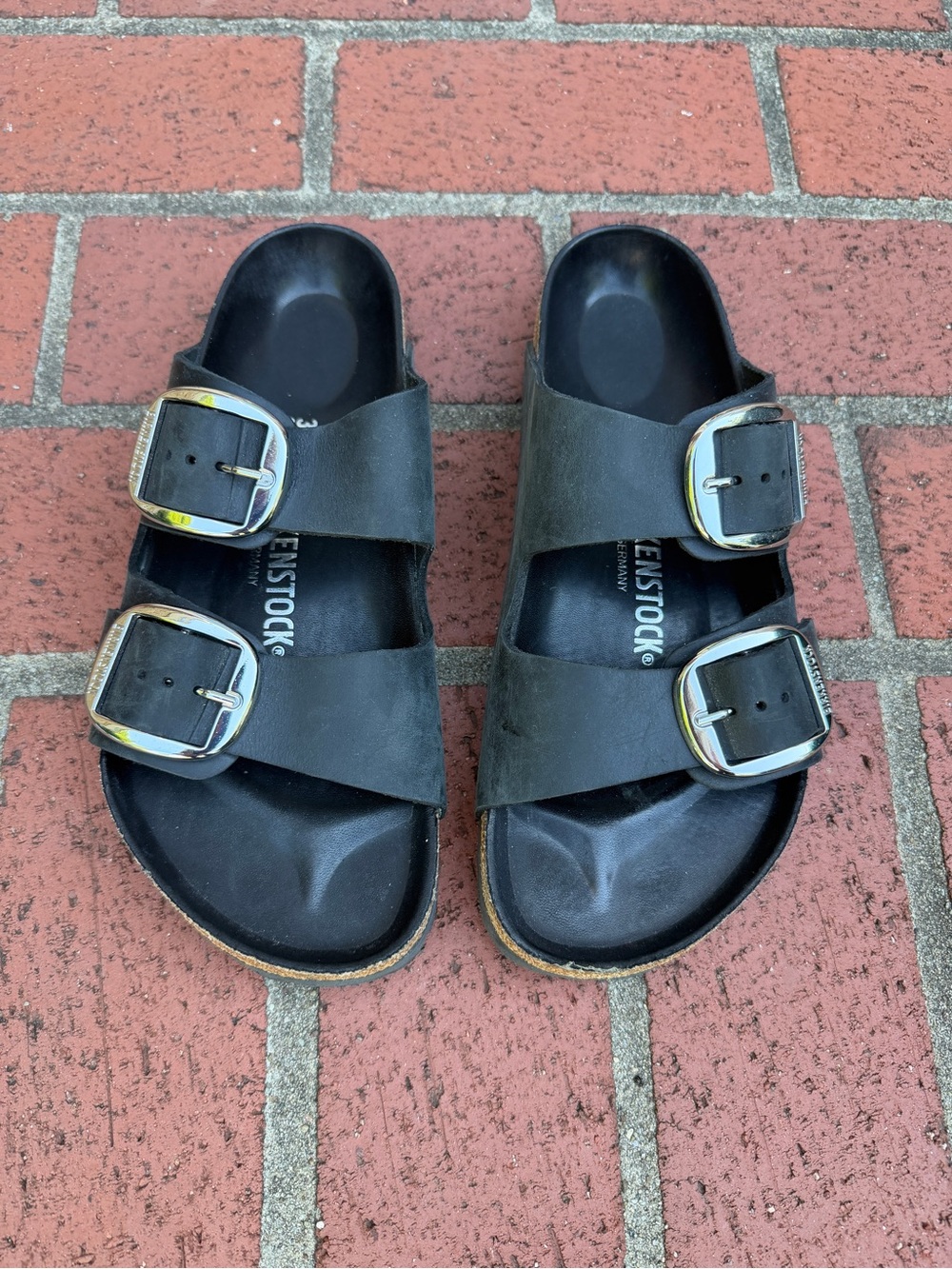 Birkenstock Black Double-Buckle silver Slide Sandals size 39 8.5
